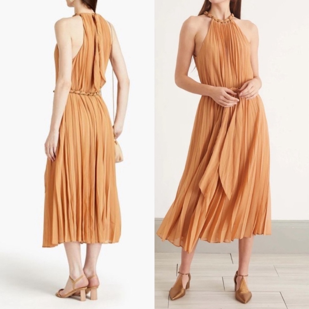 Zimmermann Sunray Pleat Midi Dress Sleeveless Chain Sash Belted Sz 8